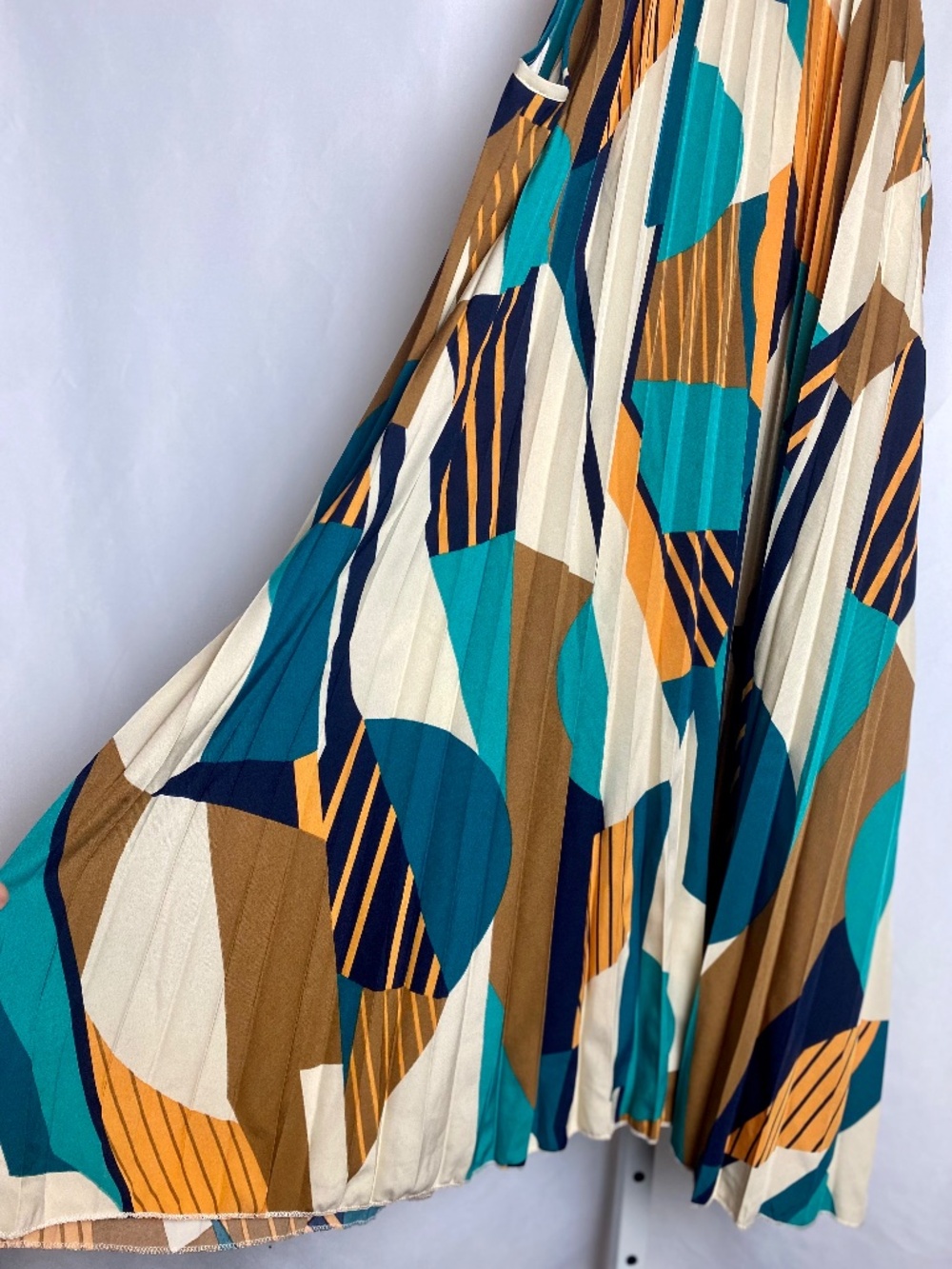 Indie Artsy Multicolor Teal Orange Geometric Pleated Flowy Halter Dress X-Large - Picture 7 of 10